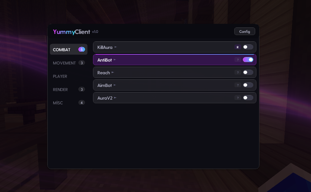 Yummy Client ana menu ekran görüntüsü - Aimbot ve ESP ayarları